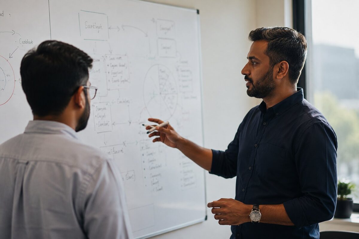 Working session mapping an outbound strategy on a whiteboard